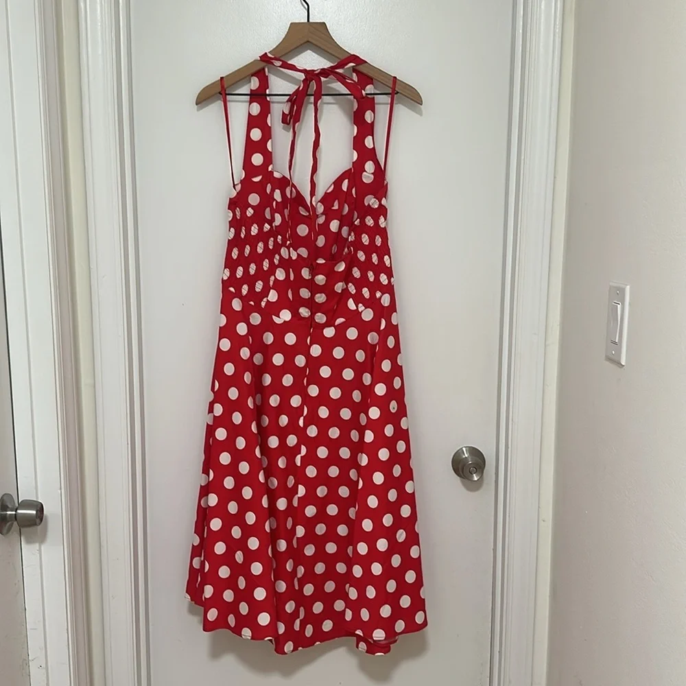 HELL BUNNY | Marian Red and White Polka Dot Halter Flare Vixen Pinup Party Dress - Picture 4 of 6